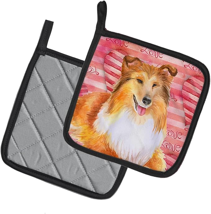 Caroline's Treasures BB9807PTHD Sheltie Love Pair of Pot Holders, Red Kitchen Heat Resistant Pot Holders Sets Oven Hot Pads for Cooking Baking BBQ, 7 1/2 x 7 1/2