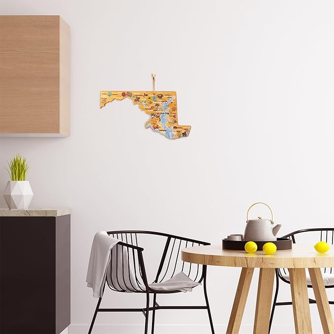 Totally Bamboo Maryland State Shaped Cutting Board and Charcuterie Serving Platter with Artwork by Fish Kiss, Includes Hang Tie for Wall Display