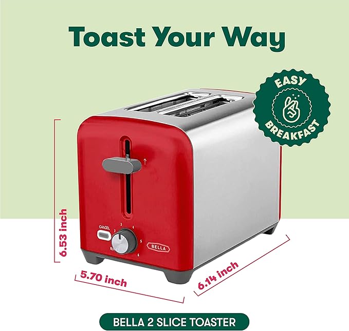 BELLA 2 Slice Toaster, Quick & Even Results Every Time, Wide Slots Fit Any Size Bread Like Bagels or Texas Toast, Drop-Down Crumb Tray for Easy Clean Up, Stainless Steel and Red