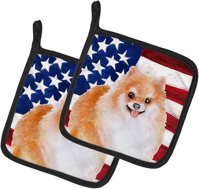 Caroline's Treasures BB9716PTHD Pomeranian #2 Patriotic Pair of Pot Holders Kitchen Heat Resistant Pot Holders Sets Oven Hot Pads for Cooking Baking BBQ, 7 1/2 x 7 1/2