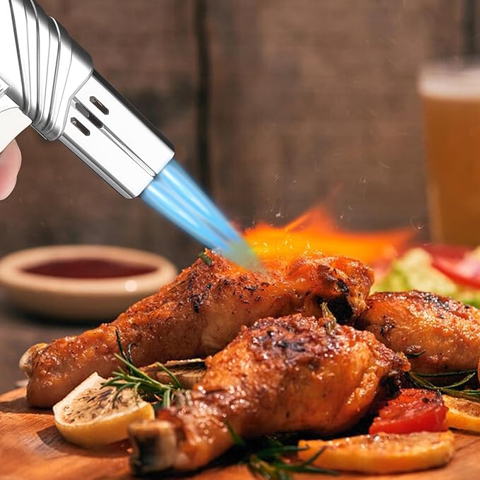 mollie Mini Butane Torch Lighter with Adjustable Flame, Small Refillable Kitchen Cooking Blow Torch for Creme Brulee, Windproof Baking Torch with Safety Lock, Silver (Butane Gas Not Included)