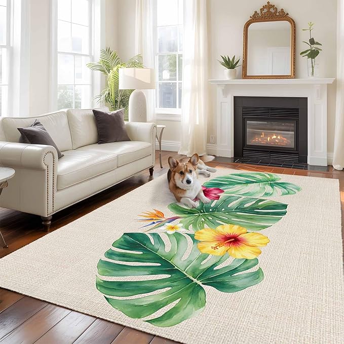Area Rug 9x12ft, Country Monstera Hibiscus Foliage Washable Rugs for Living Room Bedroom Rectangle Floor Carpet, Tropical Plant Vintage Linen Soft Non-Slip Area Rugs for Dining Room