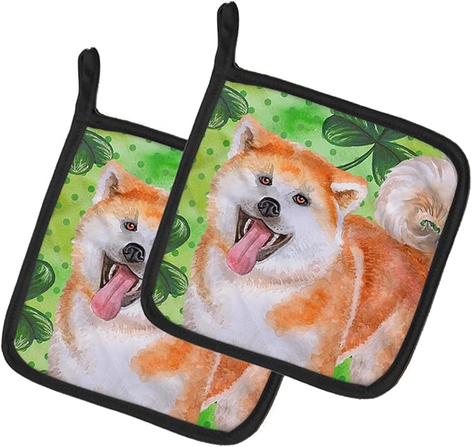 Caroline's Treasures BB9877PTHD Akita St Patrick's Pair of Pot Holders, Green Kitchen Heat Resistant Pot Holders Sets Oven Hot Pads for Cooking Baking BBQ, 7 1/2 x 7 1/2