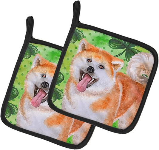 Caroline's Treasures BB9877PTHD Akita St Patrick's Pair of Pot Holders, Green Kitchen Heat Resistant Pot Holders Sets Oven Hot Pads for Cooking Baking BBQ, 7 1/2 x 7 1/2