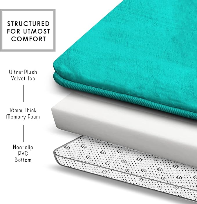 Clara Clark 3 Piece Bathroom Rugs Bath Mat Set, Velvet Memory Foam Bath Mats for Bathroom - Non-Slip, PVC Backing Bath Rugs, Washable - Dries Quickly, Teal