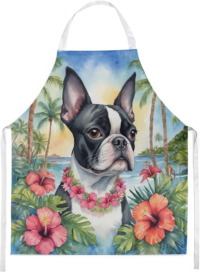 Caroline's Treasures Boston Terrier Luau Apron Cooking Kitchen Server Baking Crafts Gardening for Adult Women Men, Unisex, Large, Multicolor