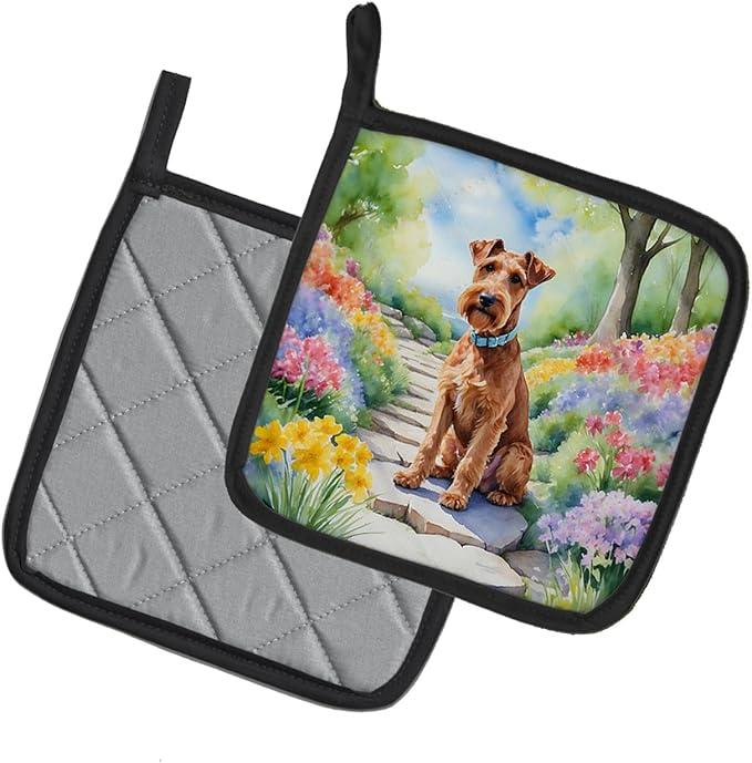 Caroline's Treasures Irish Terrier Spring Path Pair of Pot Holders Kitchen Heat Resistant Pot Holders Sets Oven Hot Pads for Cooking Baking BBQ, 7 1/2 x 7 1/2