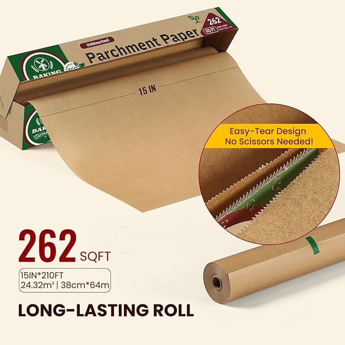Unbleached 15in x 210ft Parchment Paper Roll for Baking- 262 Sq.Ft with Built-in Metal Cutter, Non-Stick & 450°F Safe for Baking,Cooking, Air Fryer, Grilling, Meal Prep