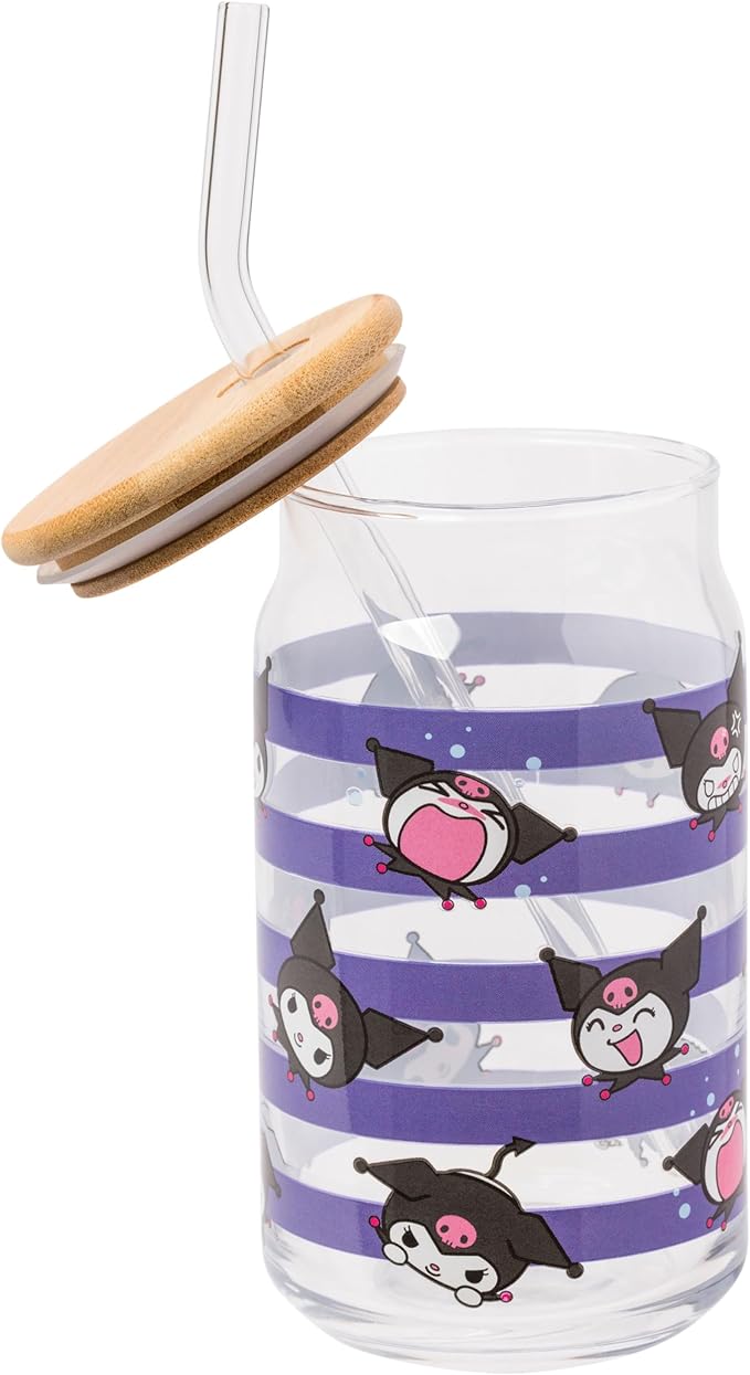 Silver Buffalo Sanrio Hello Kitty and Friends Kuromi 2 Pack Glass Jar Tumbler with Bamboo Lid and Glass Straw, 16 Ounces