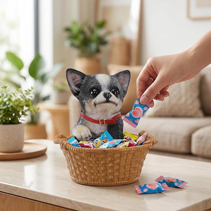 Cute Chihuahua Candy Bowl, Resin Dog Figurine Key Bowl for Entryway Table, Desktop Storage Basket Organizer for Desk, Unique Dog Lover Gift