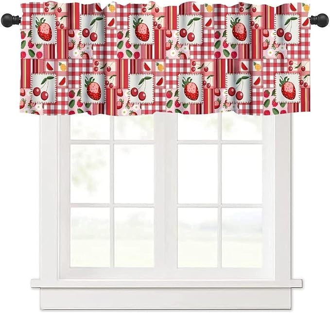 Fruit Patchwork Curtain Valance, Red Strawberry Cherry Buffalo Plaid Short Rod Pocket Window Treatment for Kitchen Dining Bedroom Living Room Resturant Cafe Home Decor, 54x18Inch