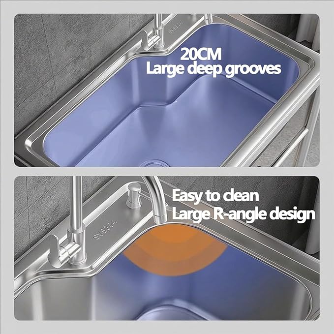 Outdoor Stainless Steel Utility Sink,Standalone Stainless Steel Sink,Small Stainless Steel Utility Kitchen Sink Tub with Storage Shelve and Faucet for Restaurant,Bar,Laundry, Garage, Backyard