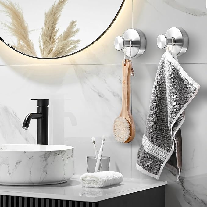 BKV Suction Cup Hooks for Glass Window,Removable Shower Hooks for Inside Shower,Metal Towel Hooks for Bathrooms,2 Pack(Silver)