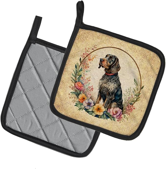 Caroline's Treasures German Wirehaired Pointer and Flowers Pair of Pot Holders Kitchen Heat Resistant Pot Holders Sets Oven Hot Pads for Cooking Baking BBQ, 7 1/2 x 7 1/2