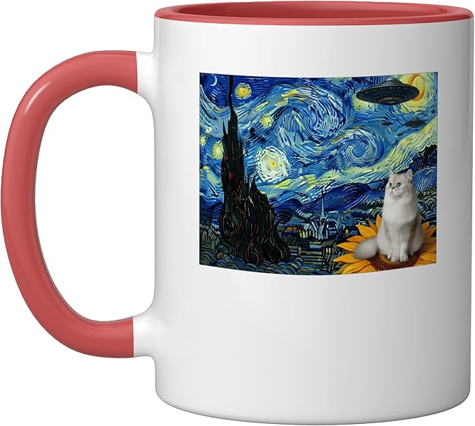 Cosmic Cat on Sunflower Space UFO Night for Men Women Ceramic Mug, Red/White