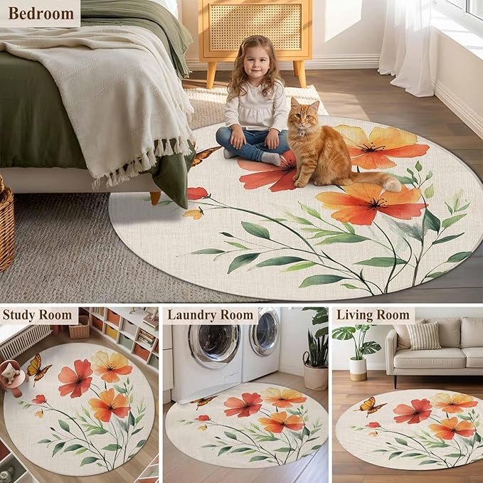 Washable Round Area Rug Summer Watercolor Flower Butterfly Circle Rugs Floor Carpet for Living Room Bedroom, Green Leaves Retro Linen Soft Non Slip Round Rug 4ft
