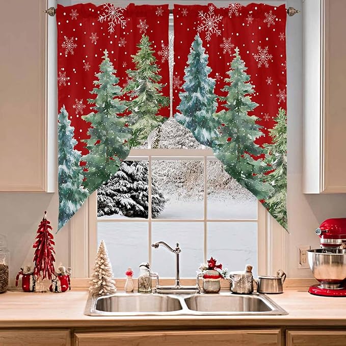 Christmas Tree Swag Valance Curains Winter Pine Tree Xmas Forest Snowflakes Red Rod Pocket Kitchen Curtains Scalloped Window Treatment Valances Swag for Living Room Bedroom, 1 Pair, 36"W x 45"L