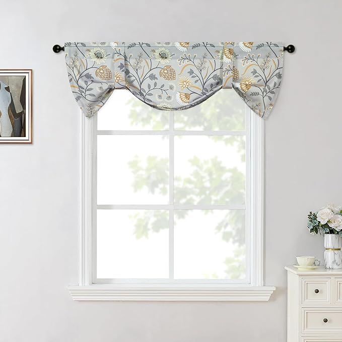 Leeva Tie Up Valances for Windows, Grey Flower Print Adjustable Short Window Treatments, Light Filtering Kitchen Curtains Valances for Living Room Bedroom, 52 x 18, One Panel