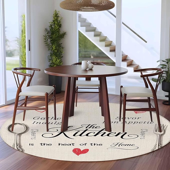 Washable Round Area Rug Spoon Fork Vintage Farmhouse Circle Rugs Floor Carpet for Living Room Bedroom, Abstract Love Retro Linen Soft Non Slip Round Rug 5ft