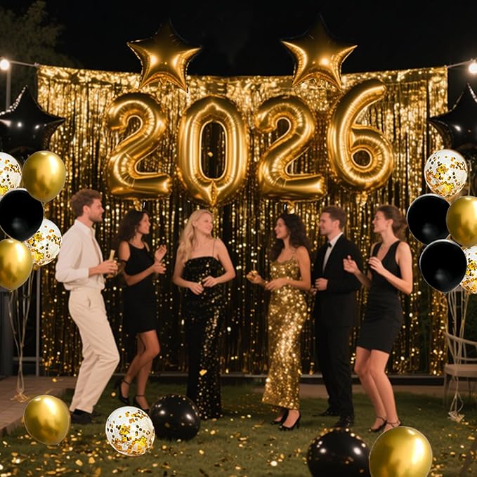 JOJO FLY New Years Eve Party Decorations Kit, Gold 2026 Balloons, Black and Gold Balloons Set, Gold Foil Curtain, Graduation Decorations, New Years Eve Party Supplies 2026
