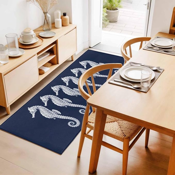 Runner Rug for Bedroom Hallway, Ocean Life Seahorse Navy Blue Kitchen Runner Rugs Area Rug 2x6ft, Summer Nautical Theme Washable Soft Floor Carpet for Entryway Stair