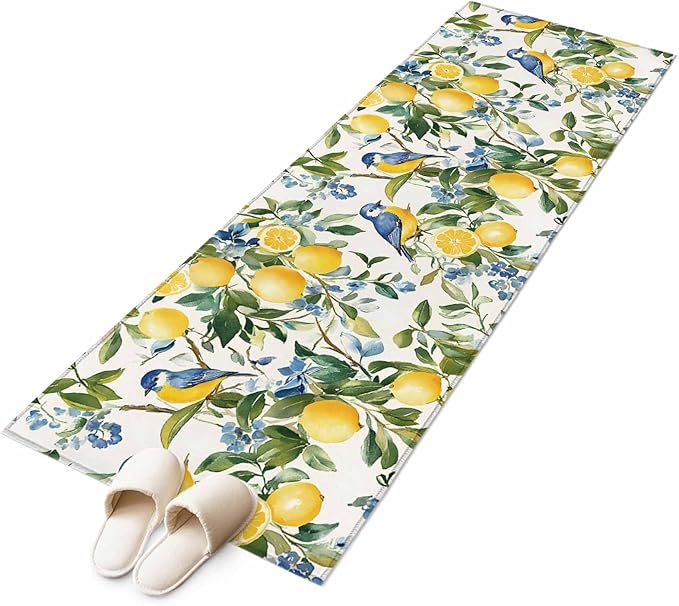 Runner Rug for Bedroom Hallway, Pastoral Vintage Lemon Blue Bird Kitchen Runner Rugs Area Rug 2x6ft, Retro Yellow Fruit Flowers Washable Soft Floor Carpet for Entryway Stair