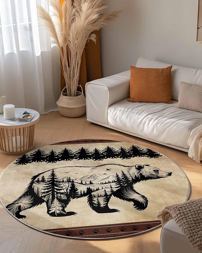 Round Area Rug,Bear Forest Mountains Animal Silhouette Circle Living Room Rug Non-Slip Rugs Indoor Carpet,Vintage Brown Gradient Soft Comfort Rugs for Bedroom KidsRoom Nursery