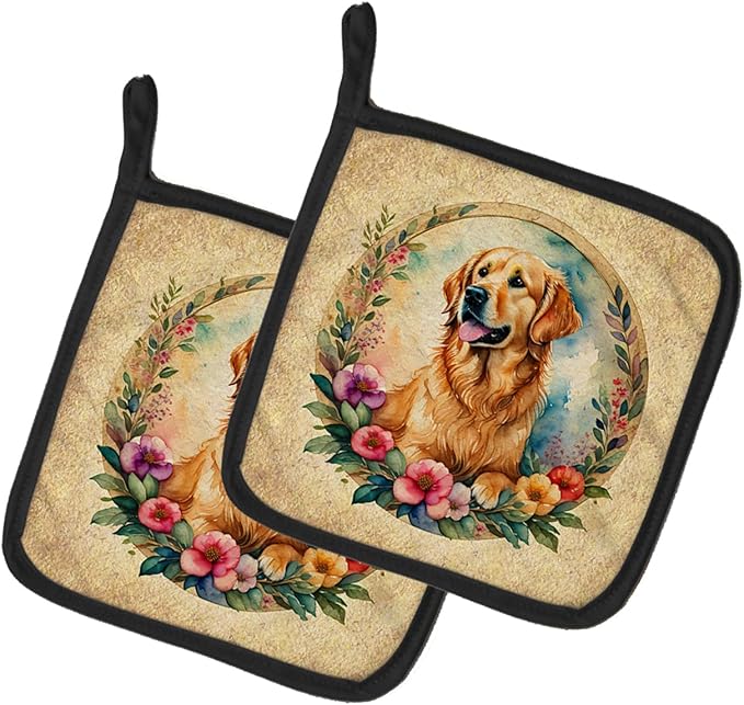 Caroline's Treasures Golden Retriever and Flowers Pair of Pot Holders Kitchen Heat Resistant Pot Holders Sets Oven Hot Pads for Cooking Baking BBQ, 7 1/2 x 7 1/2