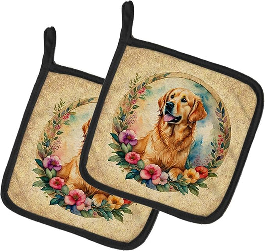Caroline's Treasures Golden Retriever and Flowers Pair of Pot Holders Kitchen Heat Resistant Pot Holders Sets Oven Hot Pads for Cooking Baking BBQ, 7 1/2 x 7 1/2