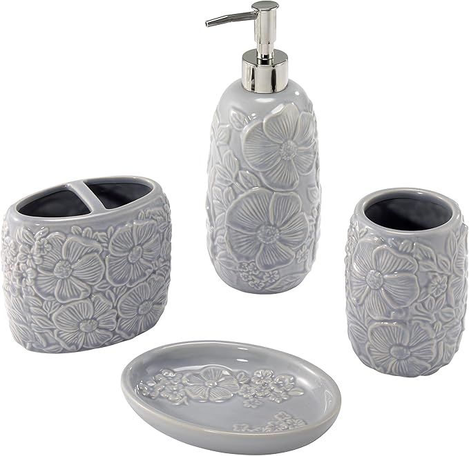 Nicole Miller – Bathroom Accessory Set, Durable Ceramic with Dimensional Floral Design & Hand-Painted Accents, Decorative Lotion Pump, Soap Dish, Toothbrush Holder & Tumbler (Camille)