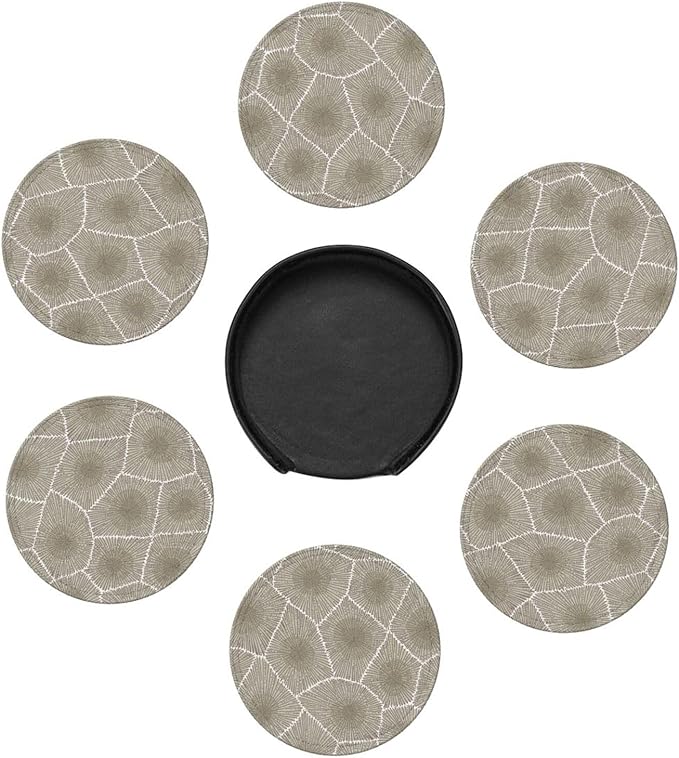 Petoskey Stone Leather Drinks Coasters with Holder, Set of 6, Suitable for Various Cups