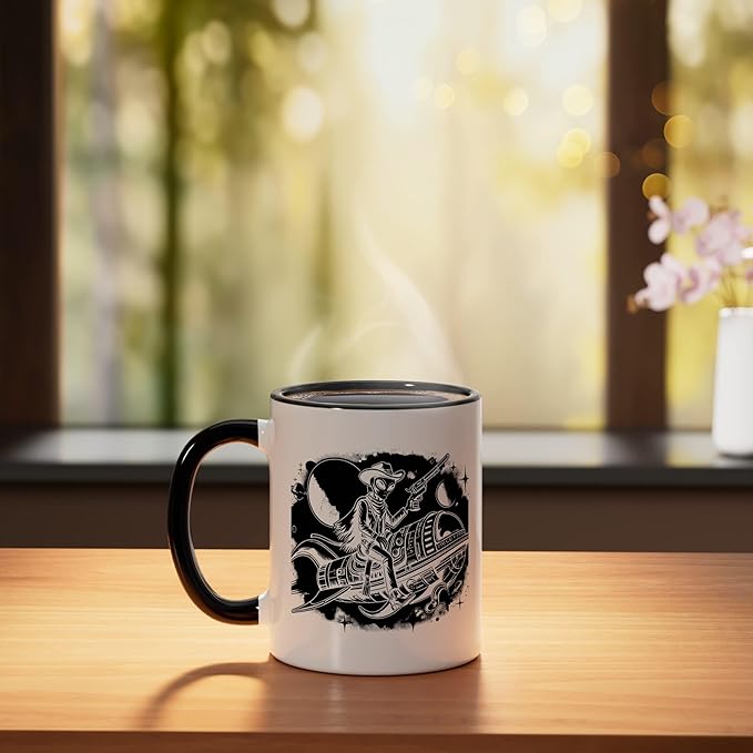 Alien Lover Flying Saucer UFO Extraterrestrial Cowboy Ceramic Mug, Black/White