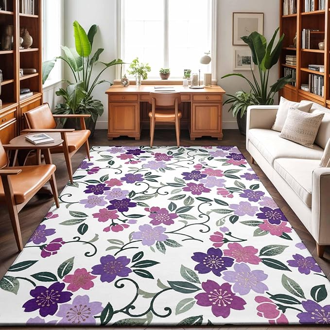 Area Rug 3x5ft, Country Purple Pink Flower Green Leaf Washable Rugs for Living Room Bedroom, Pastoral Floral Plant Soft Non-Slip Area Rugs Rectangle Floor Carpet for Dining Room