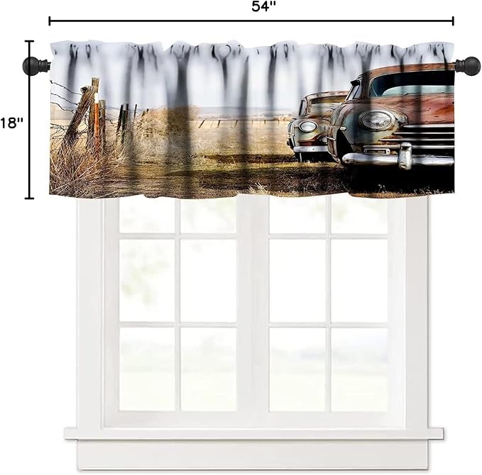 Vintage Car Valance Curtain Classic Abandoned Rusty Wyoming Cars Antique Pictures Old Trucks Countryside Windows Curtain Valance for Kitchen Bedroom Bathroom with Rod Pocket, One Panel 54X18 Inches