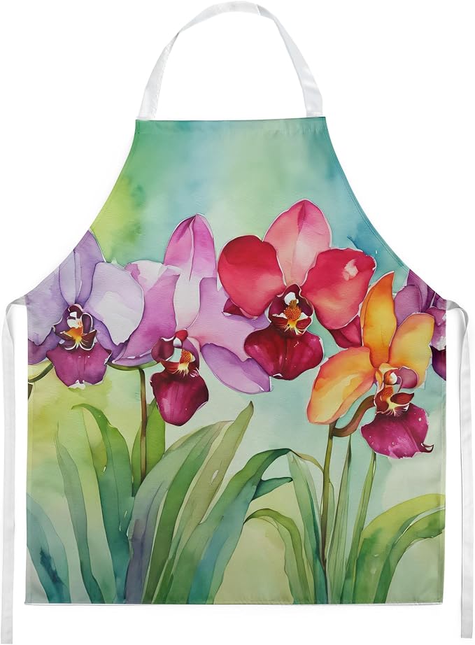 Caroline's Treasures Orchids in Watercolor Apron Cooking Kitchen Server Baking Crafts Gardening for Adult Women Men, Unisex, Large, Multicolor