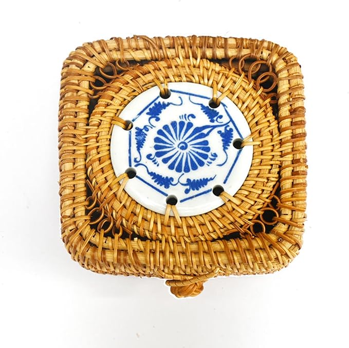 Rattan Box with Lid: Blue-and-White Porcelain Decorative Rattan Storage Box, Hand-Woven Wicker Storage Basket with Lid, for Sundries Tea Case Picnic Food Containers (Square 2, 4.33in*4.33in* 2.36in)