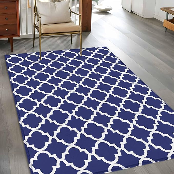 Area Rug 3x5ft, Navy Blue Moroccan Plaid Washable Rugs for Living Room Bedroom, White Line Buffalo Lattice Soft Non-Slip Area Rugs Rectangle Floor Carpet for Dining Room