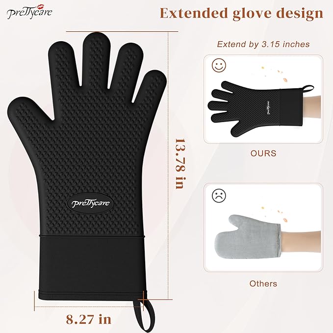 PrettyCare Extra Long 14in Silicone Oven Mitts, Waterproof & Non-Slip Oven Gloves with Fingers,Cotton Lined Silicone Oven Gloves Kitchen Mitts-Heat Resistant for Baking Cooking BBQ（Black