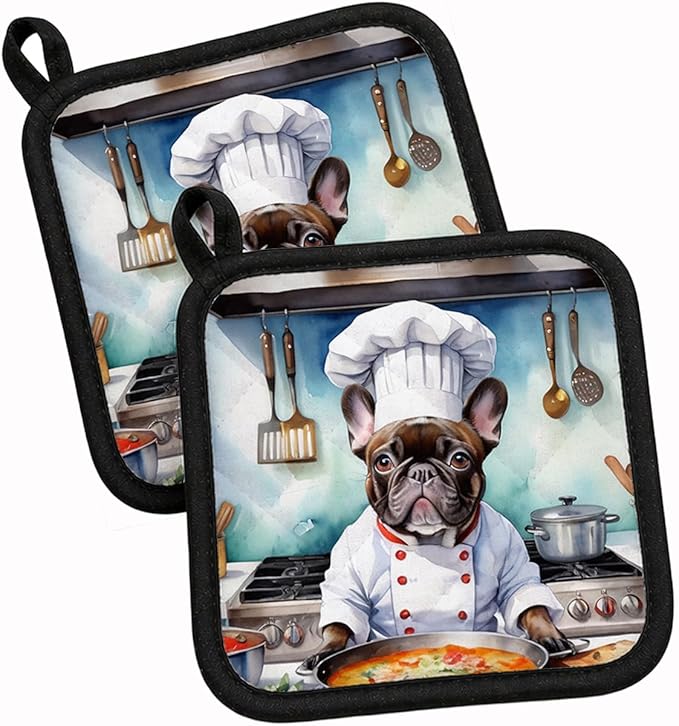 Caroline's Treasures French Bulldog The Chef Pair of Pot Holders Kitchen Heat Resistant Pot Holders Sets Oven Hot Pads for Cooking Baking BBQ, 7 1/2 x 7 1/2