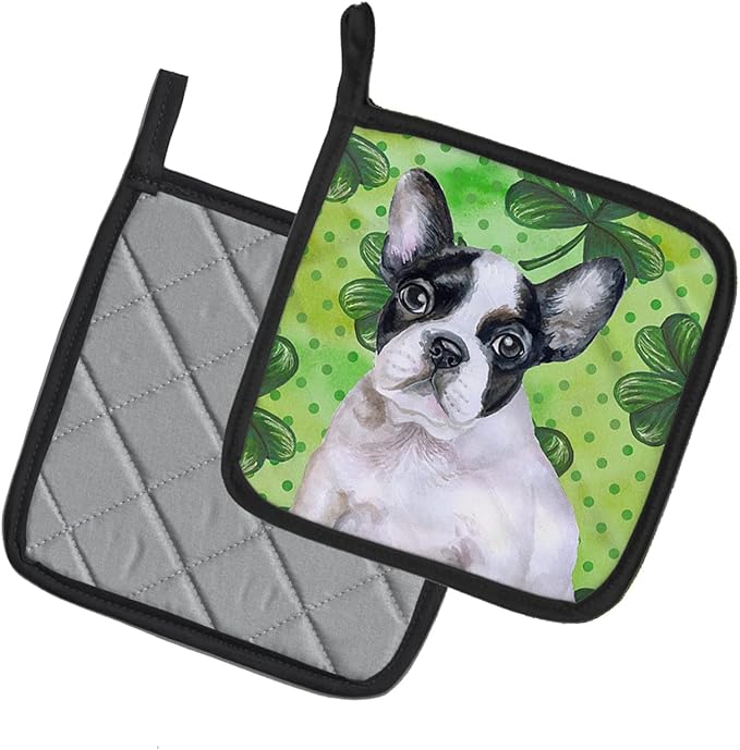 Caroline's Treasures BB9884PTHD French Bulldog Black White St Patrick's Pair of Pot Holders, Green Kitchen Heat Resistant Pot Holders Sets Oven Hot Pads for Cooking Baking BBQ, 7 1/2 x 7 1/2