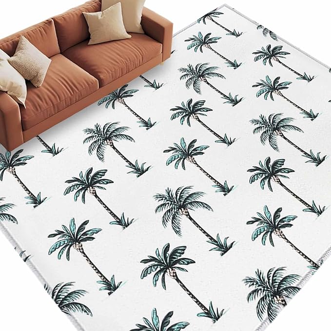 Area Rug 9x12ft, Tropical Palm Trees Washable Rugs for Living Room Bedroom Rectangle Floor Carpet, Green and White Soft Non-Slip Area Rugs for Dining Room
