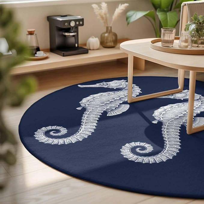 Washable Round Area Rug Ocean Life Seahorse Navy Blue Circle Rugs Floor Carpet for Living Room Bedroom, Summer Nautical Theme Soft Non Slip Round Rug 3ft