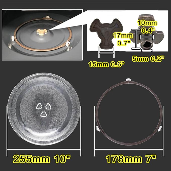 Replacement Microwave Glass Plate, 9.6 to 12.4 Inch Universal Turntable Tray with 3 Fixtures, Scratch-Resistant Flat Base for Small and Medium Ovens