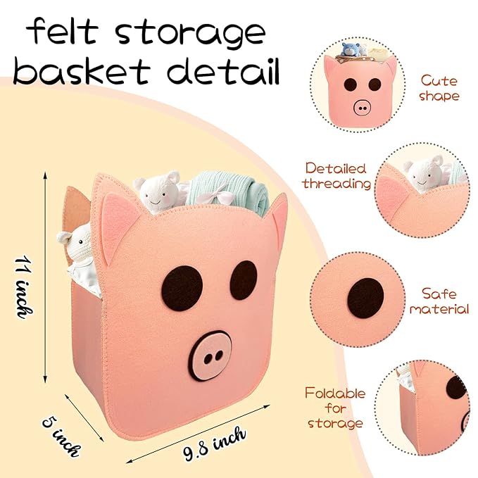 Felt Baby Basket,Pig Shaped Baby Gift Basket Nursery Organizer for Storage Infant Newborn Essentials,Foldable Bathroom and Bedroom Stuff Diaper Toys Vintage Decor with Cute Pig Design