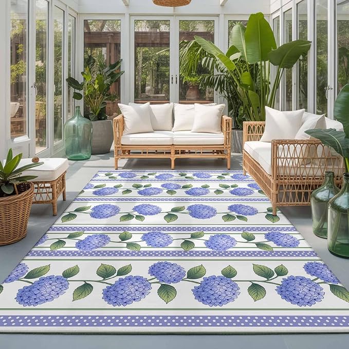 Area Rug 3x5ft, Garden Purple Hydrangea Flower Washable Rugs for Living Room Bedroom, Watercolor Floral Leaves Soft Non-Slip Area Rugs Rectangle Floor Carpet for Dining Room