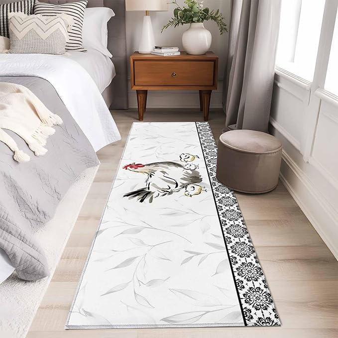 Runner Rug for Bedroom Hallway, Country Farmhouse Rooster Kitchen Runner Rugs Area Rug 2x6ft, Watercolor Animal Flower Pattern Washable Soft Floor Carpet for Entryway Stair