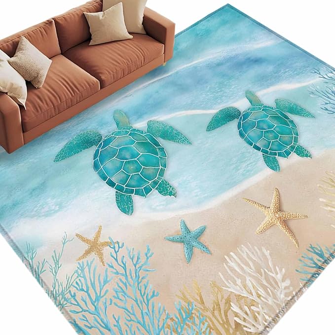 Area Rug 6x9ft, Sea Turtle Starfish Coral Washable Rugs for Living Room Bedroom, Summer Seaside Ocean Life Soft Non-Slip Area Rugs Rectangle Floor Carpet for Dining Room