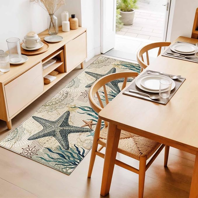 Runner Rug for Bedroom Hallway, Nautical Starfish Teal Seaweed Starfish Kitchen Runner Rugs Area Rug 2x6ft, Marine Life Washable Soft Floor Carpet for Entryway Stair