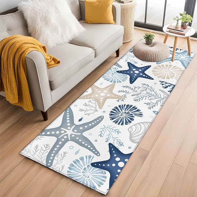 Runner Rug for Bedroom Hallway, Ocean Starfish Shell Conch Kitchen Runner Rugs Area Rug 2x6ft, Sea Blue Coral Seamless Washable Soft Floor Carpet for Entryway Stair