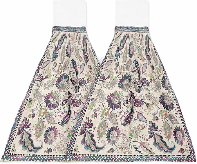 Alandar Home Kitchen Tie Towel Set of 2, Paisley Style Flowers Absorbent Soft Hand Towels for Bathroom Hanging Towels, Abstract Ethnic Floral Art Fast Drying Cleaning Cloth with Loop